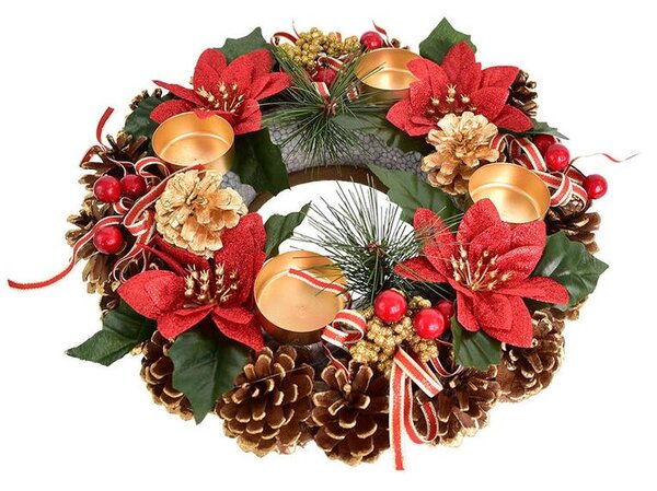 Adventný šiškový veniec POINSETTIA s mašľou 30 cm