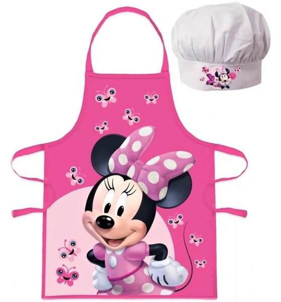 Detská / dievčenská zástera s kuchárskou čiapkou Minnie Mouse - Disney - motív s motýliky - pre deti 3 - 8 rokov