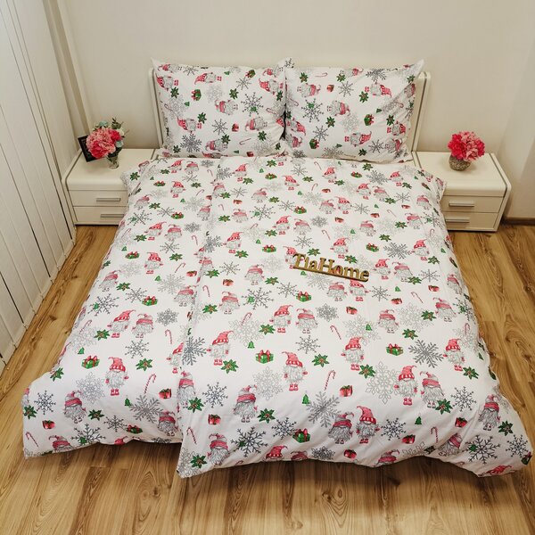 Obliečky bavlnené Vianočné obliečky Škriatky biele TiaHome - 1x Vankúš 90x70cm, 1x Paplón 140x200cm