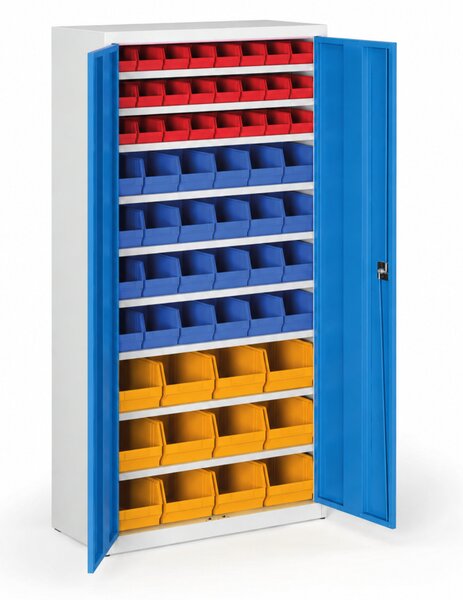 Skriňa s plastovými boxami BASIC - 1800 x 400 x 920 mm, 24xA/24xB/12xC, sivá/modré dvere