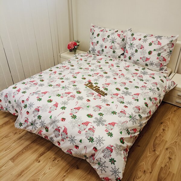 Obliečky bavlnené Vianočné obliečky Škriatky biele TiaHome - 1x Vankúš 90x70cm, 1x Paplón 140x200cm