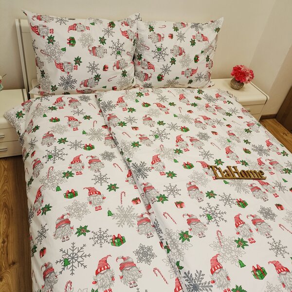 Obliečky bavlnené Vianočné obliečky Škriatky biele TiaHome - 1x Vankúš 90x70cm, 1x Paplón 140x200cm