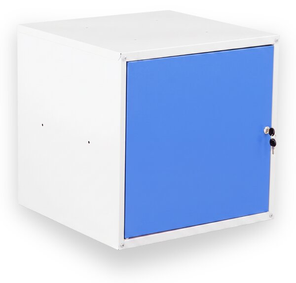 Šatníková skrinka s uzamykateľným boxom 450 x 450 x 450 mm, cylindrický zámok, modré dvere