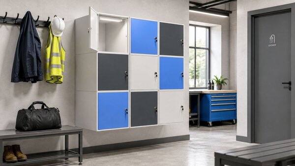 Šatníková skrinka s uzamykateľným boxom 450 x 450 x 450 mm, cylindrický zámok, modré dvere