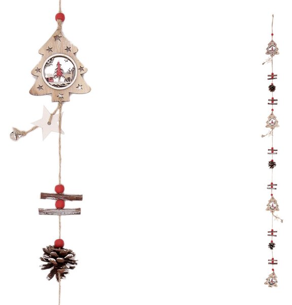 Vianočná girlanda s drevenými dekoráciami, stromčeky a šišky 7x130x0,2cm