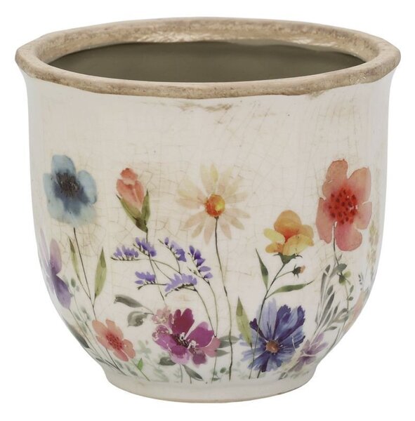 Béžový antik keramický obal kvetináč s kvetmi Fleurville - Ø 14*12 cm - Chic Antique