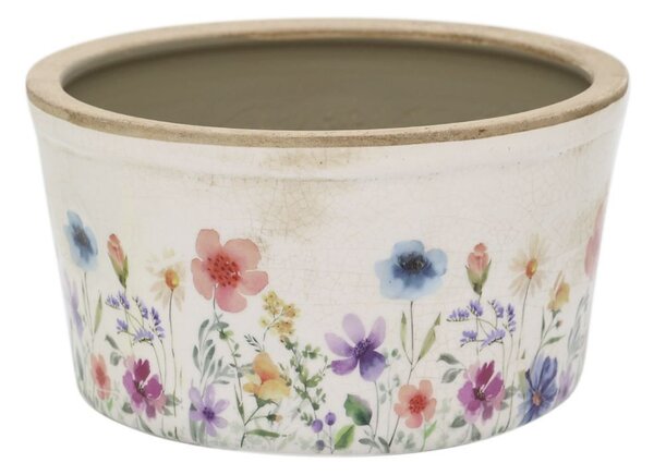 Béžový antik keramický obal kvetináč s kvetmi Fleurville - Ø 16*9,5 cm - Chic Antique