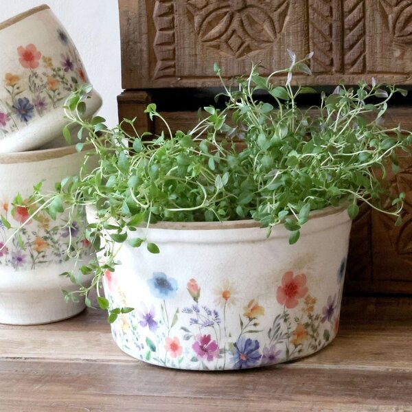 Béžový antik keramický obal kvetináč s kvetmi Fleurville - Ø 16*9,5 cm - Chic Antique