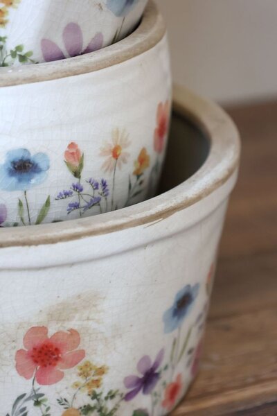 Béžový antik keramický obal kvetináč s kvetmi Fleurville - Ø 16*9,5 cm - Chic Antique