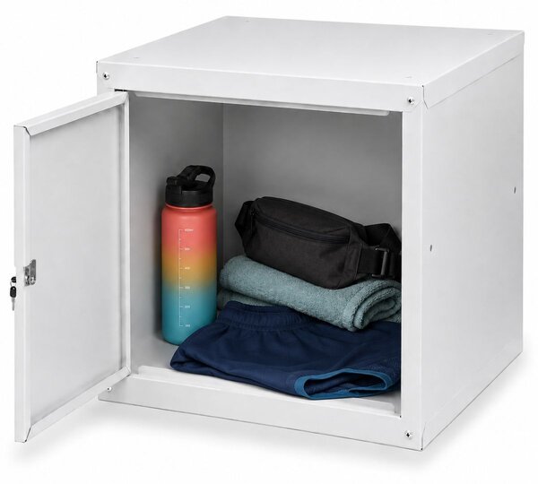 Šatníková skrinka s uzamykateľným boxom 450 x 450 x 450 mm, cylindrický zámok, modré dvere