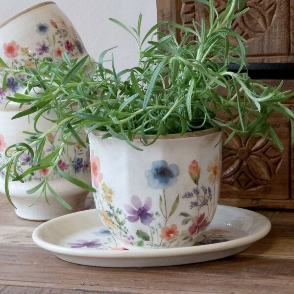 Béžový antik keramický obal kvetináč s kvetmi Fleurville - Ø 14*12 cm - Chic Antique