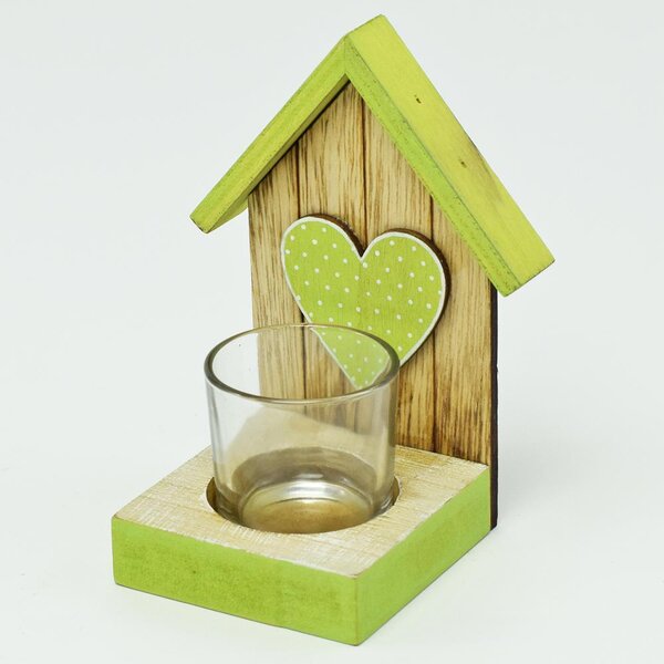 Svietnik drevený domček srdce zelený 14x10,5x9