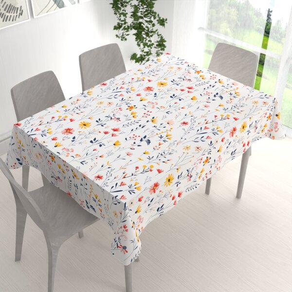 Biante Bavlnený obdĺžnikový obrus Sandra SA-749 Červeno-modro-žlté kvietky na bielom 50x100 cm