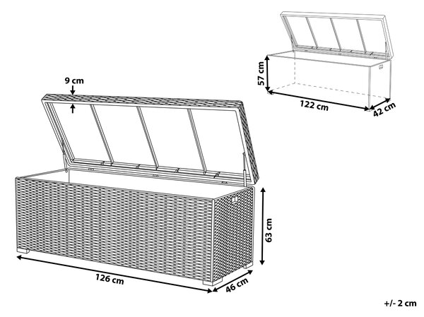 Vonkajší úložný box béžový umelý ratan 126 x 46 cm záhradný box na vankúše moderný štýl terasa záhrada