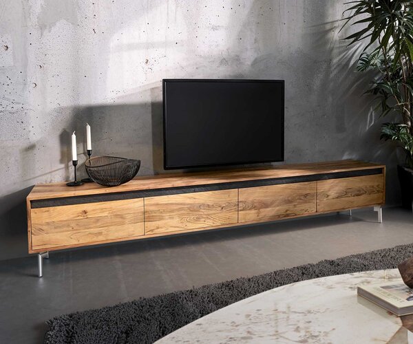 DELIFE TV stolík Stonegrace 240 cm akácia prírodná 4 dvierka oválna podstava nerezová oceľ
