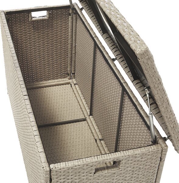 Vonkajší úložný box béžový umelý ratan 126 x 46 cm záhradný box na vankúše moderný štýl terasa záhrada