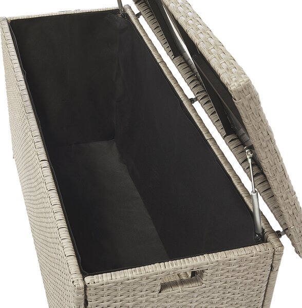 Vonkajší úložný box béžový umelý ratan 126 x 46 cm záhradný box na vankúše moderný štýl terasa záhrada