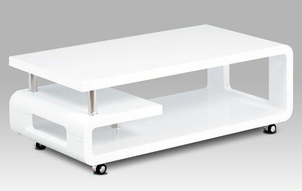 Konferenčný stolík 115x60,biela mdf vysoký lesk,chróm,4 kolieska