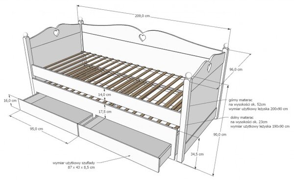 Raj posteli Detská posteľ Bea PW – zásuvky + prístelka 200x90 cm biela