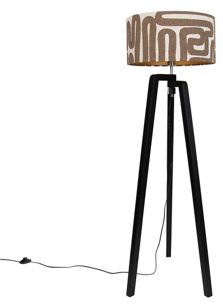 Stojacia lampa čierna trojnožka s hnedým a béžovým pruhovaným tienidlom 50 cm - Puros