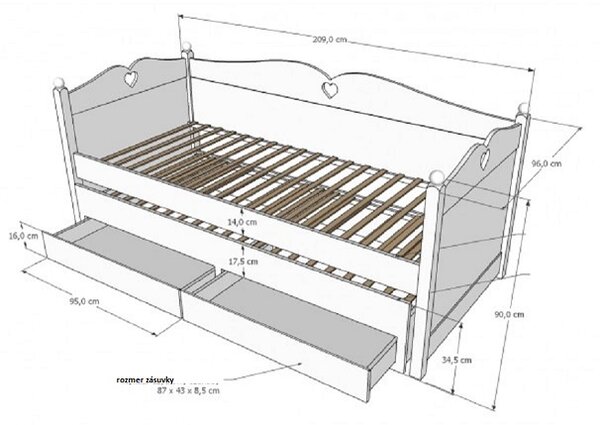 Raj posteli Detská posteľ Bea PW – zásuvky + prístelka 200x90 cm biela