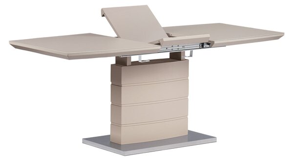 Rozkladací jedálenský stôl 140+40x80x76cm, farba cappucino/lesk, biele sklo/brusený nerez