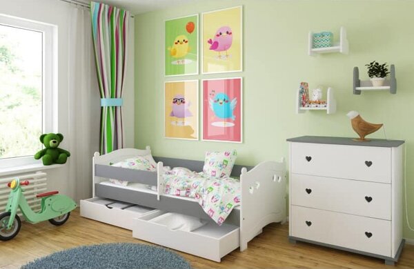 Raj posteli Detská posteľ SRDCE 2 s 2 zásuvkami (výber farieb) 160x80 cm, 180x80 cm biela - dub sonoma, biela, bielo-modrá, bielo-ružová, bielo-sivá