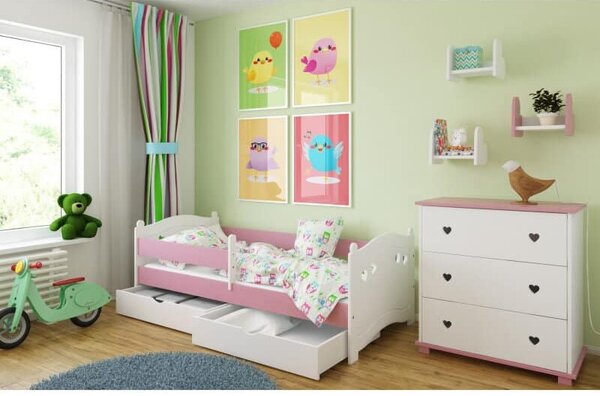 Raj posteli Detská posteľ SRDCE 2 s 2 zásuvkami (výber farieb) 160x80 cm, 180x80 cm biela - dub sonoma, biela, bielo-modrá, bielo-ružová, bielo-sivá