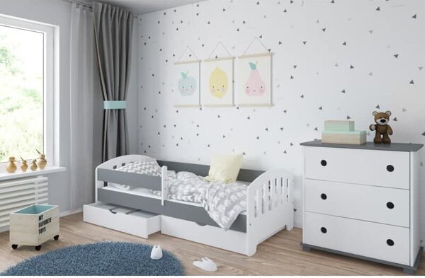 Raj posteli Detská posteľ KLASIC s 2 zásuvkami (výber farieb) 160x80 cm, 180x80 cm biela, bielo-modrá, bielo-ružová, bielo-sivá, dub sonoma, sivo-biela