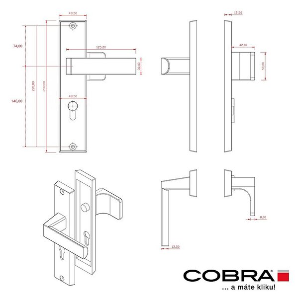 Ochranné kovanie COBRA C201 s prekrytkou (Čierna), kľučka obojstranná/guľa, Otvor na cylindrickú vložku PZ, COBRA ČIERNA, 72 mm
