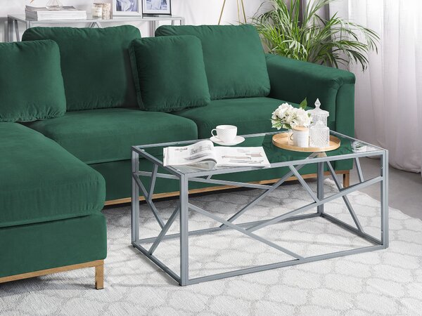 Konferenčný stolík strieborný kovový rám sklenená vrchná doska 50 x 45 x 100 cm geometrický dizajn glamour štýl obývačka