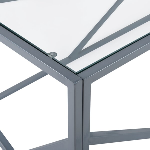 Konferenčný stolík strieborný kovový rám sklenená vrchná doska 50 x 45 x 100 cm geometrický dizajn glamour štýl obývačka