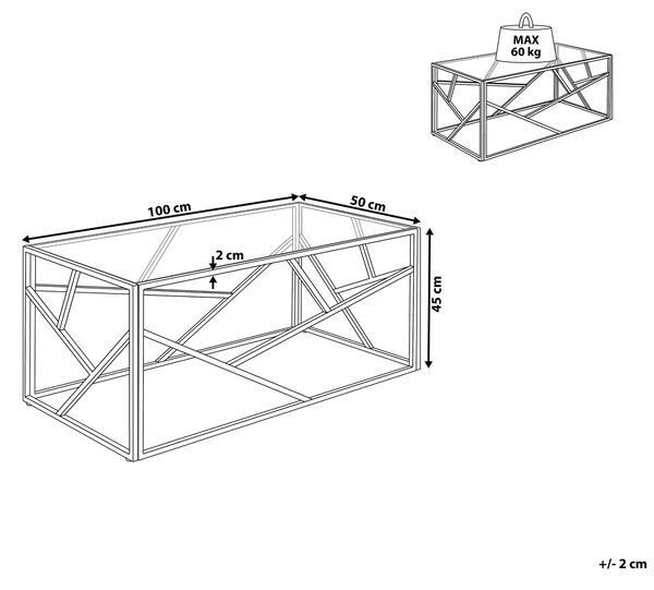 Konferenčný stolík strieborný kovový rám sklenená vrchná doska 50 x 45 x 100 cm geometrický dizajn glamour štýl obývačka