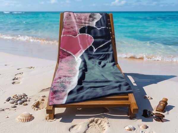 Rýchloschnúca plážová osuška SEA OF HEARTS ružovo-čierna 70 x 140 cm, 100% mikrovlákno