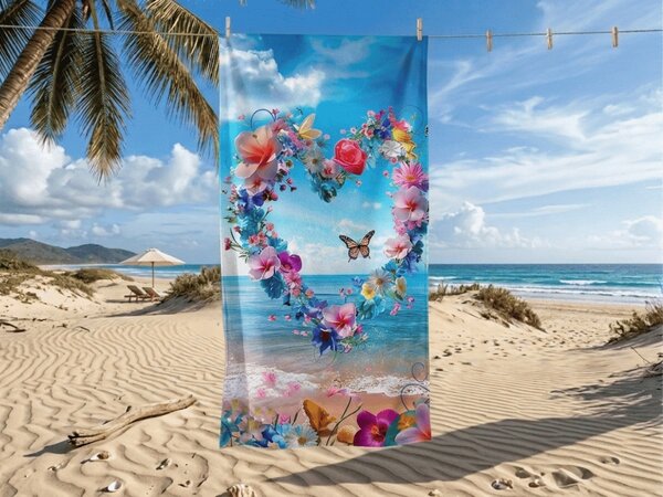 Rýchloschnúca plážová osuška FLOWER LOVE farebná 70 x 140 cm, 100% mikrovlákno