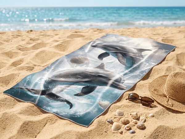 Rýchloschnúca plážová osuška DOLPHINS modrá 70 x 140 cm, 100% mikrovlákno