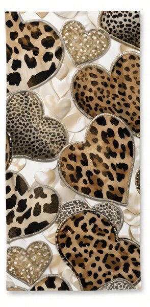 Rýchloschnúca plážová osuška LEOPARD HEARTS hnedo-biela 70 x 140 cm, 100% mikrovlákno