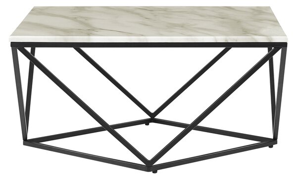 Konferenčný stolík béžová vrchná doska čierny kovový podstavec 80 x 80 cm mramorová povrchová úprava glamour štýl