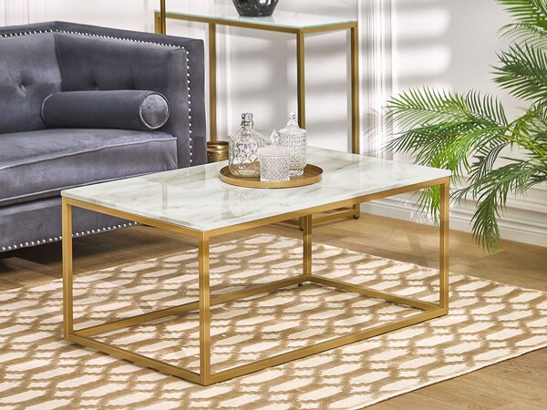 Konferenčný stolík béžový mramorový efekt zlaté kovové nohy 100 x 60 cm obdĺžnikový industriálny glamour dizajn