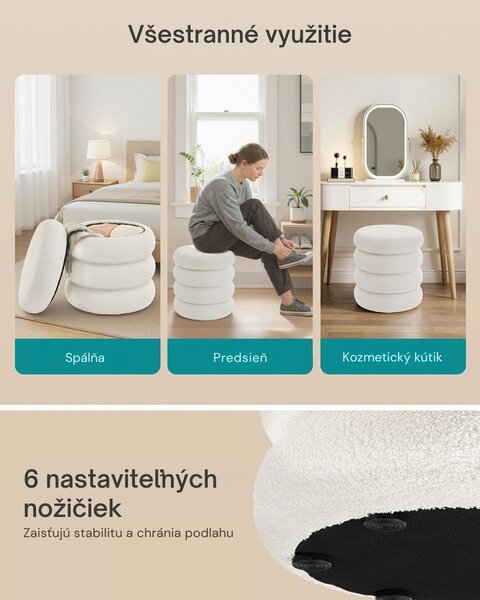 Čalúnená taburetka CLOUDY s úložným priestorom, Ø43x47cm, biela SongmicsHome