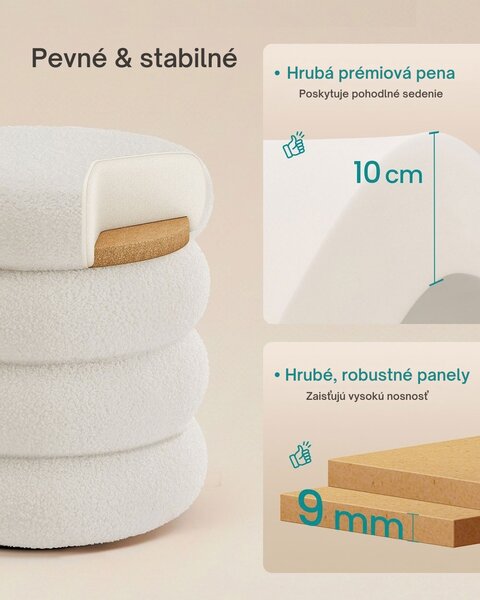 Čalúnená taburetka CLOUDY s úložným priestorom, Ø43x47cm, biela SongmicsHome
