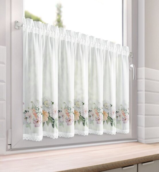 Dekorstudio Záclona FLOWERY s kvetinovou potlačou a riasiacou páskou 150 x 60 cm, biela