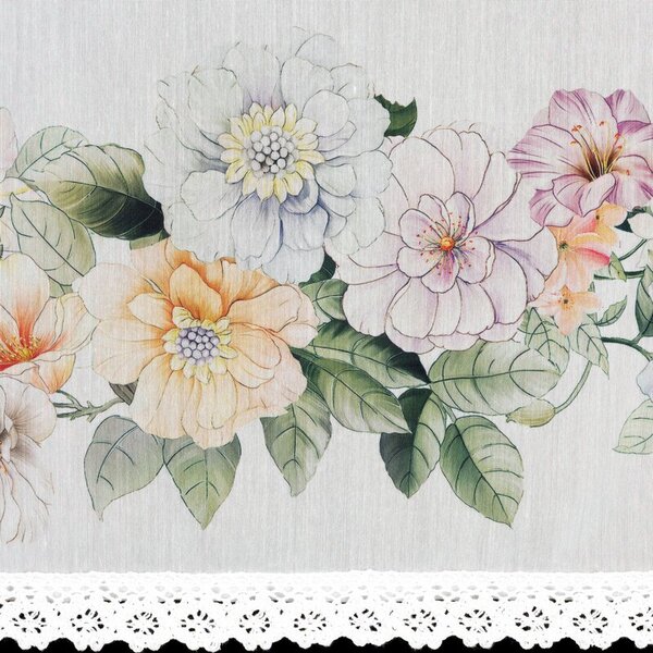 Dekorstudio Záclona FLOWERY s kvetinovou potlačou a riasiacou páskou 150 x 60 cm, biela