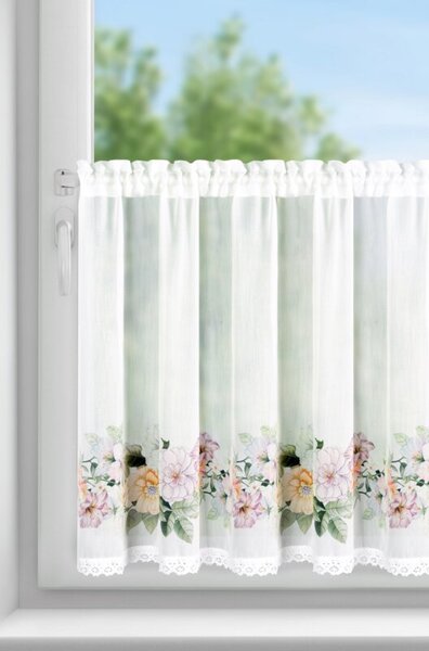 Dekorstudio Záclona FLOWERY s kvetinovou potlačou a riasiacou páskou 150 x 60 cm, biela