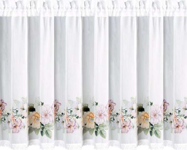 Dekorstudio Záclona FLOWERY s kvetinovou potlačou a riasiacou páskou 150 x 60 cm, biela