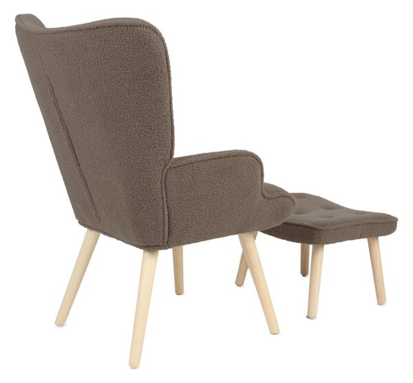 Relaxačné kreslo ušiak ROMEO II + taburet — masívne drevo, látka bouclé, prírodná / hnedá
