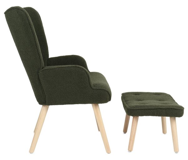 Relaxačné kreslo ušiak ROMEO II + taburet — masívne drevo, látka bouclé, prírodná / zelená