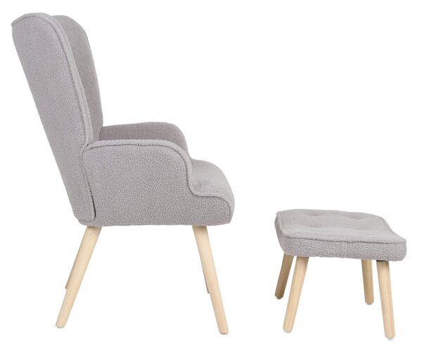 Relaxačné kreslo ušiak ROMEO II + taburet — masívne drevo, látka bouclé, prírodná / sivá