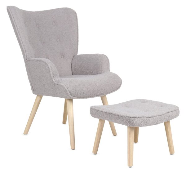 Relaxačné kreslo ušiak ROMEO II + taburet — masívne drevo, látka bouclé, prírodná / sivá