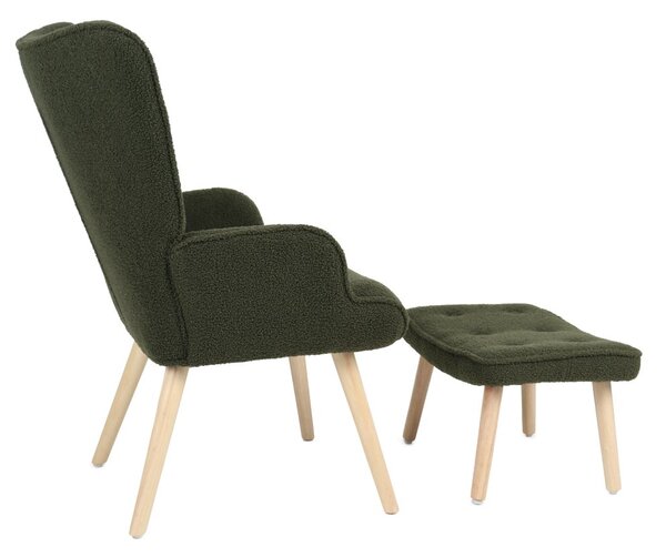 Relaxačné kreslo ušiak ROMEO II + taburet — masívne drevo, látka bouclé, prírodná / zelená